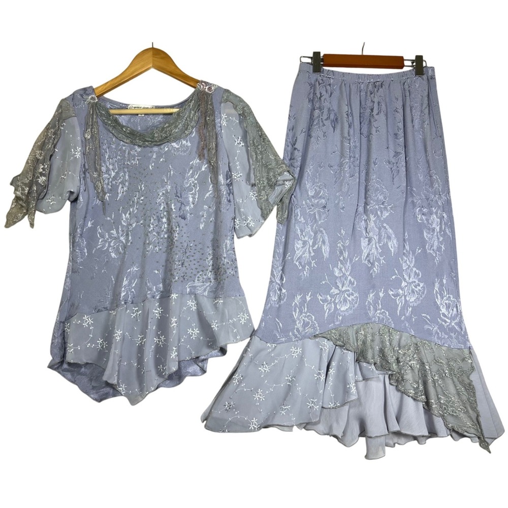 VTG Spencer Alexis Floral Jacquard Skirt Set Petite 10  Boho Fairy Whimsy Purple
